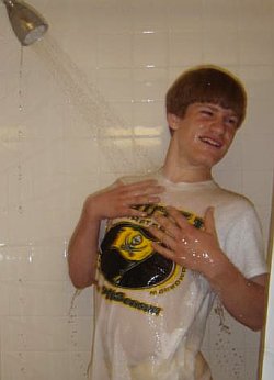 Shower in white t-shirt